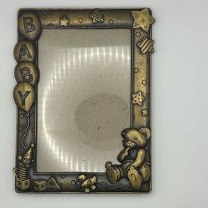 Vintage Baby Photo Frame Teddy Bear Nursery Decor Antique Brass Tone Tabletop